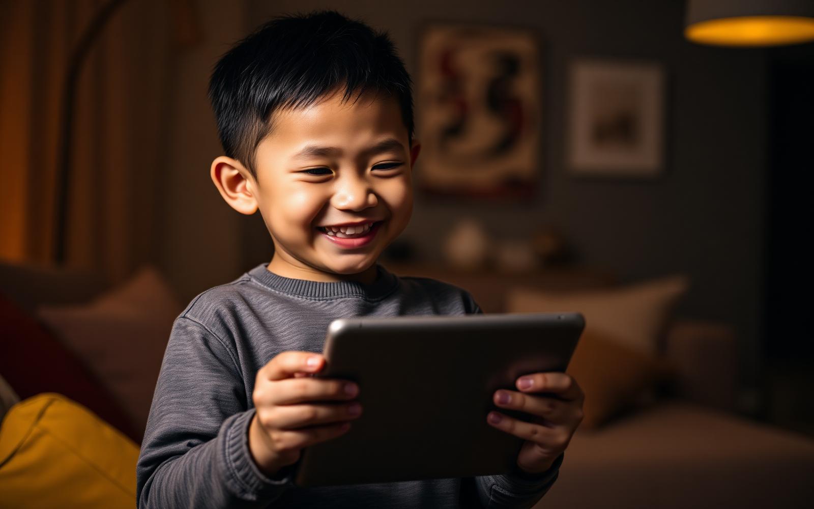 Anak gembira belajar menggunakan tablet dengan PintarKids